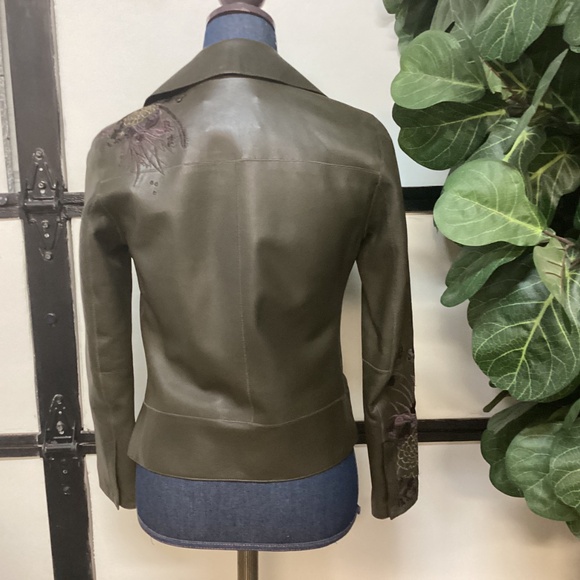 Massimo Dutti leather jacket Dark Green With Embroidered Flowers Size XS - Picture 2 of 6